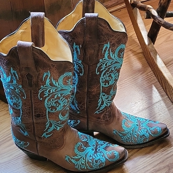 Corral Dahlia Cowboy Boots Brown/Turquoise Size 7M - Picture 2 of 5